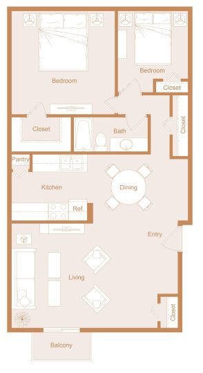 B1 floorp plan, 2 bedroom, 1 bath